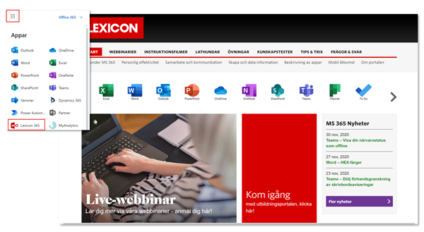 Lexicon 365 kommer du åt som en app i Microsoft 365-portalen
